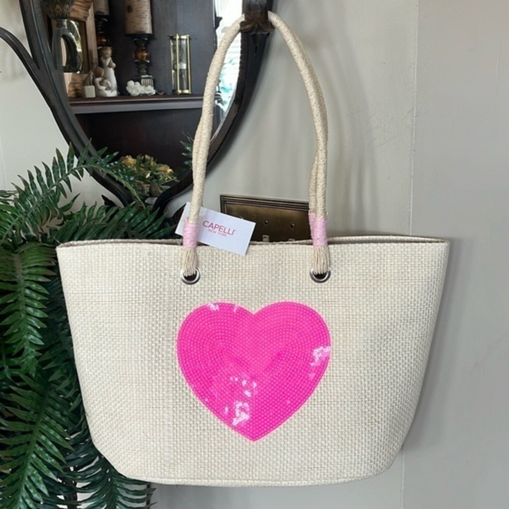 Brand New Capelli Straw Shoulder Bag Sequined Pink Heart Tote Snap Close Natural